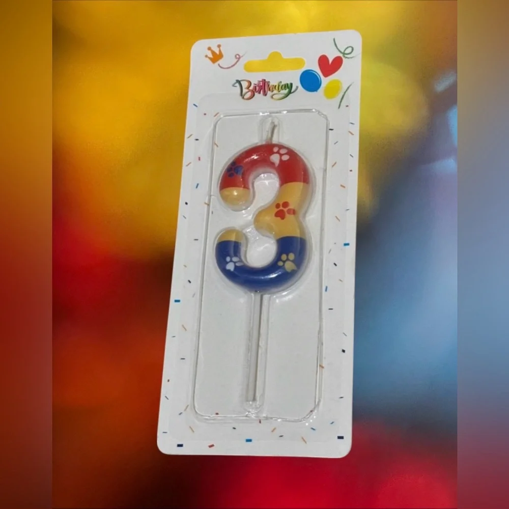Colorful Number 3 Dog Paw Birthday Party Candle Cake Topper - Red, Yellow, Blue